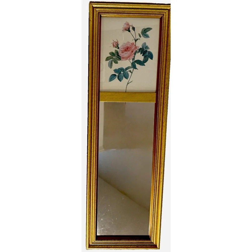 Vintage Pink Rose Print Pier Mirror Gold Gilt Frame Floral Wall Hanging 23.5